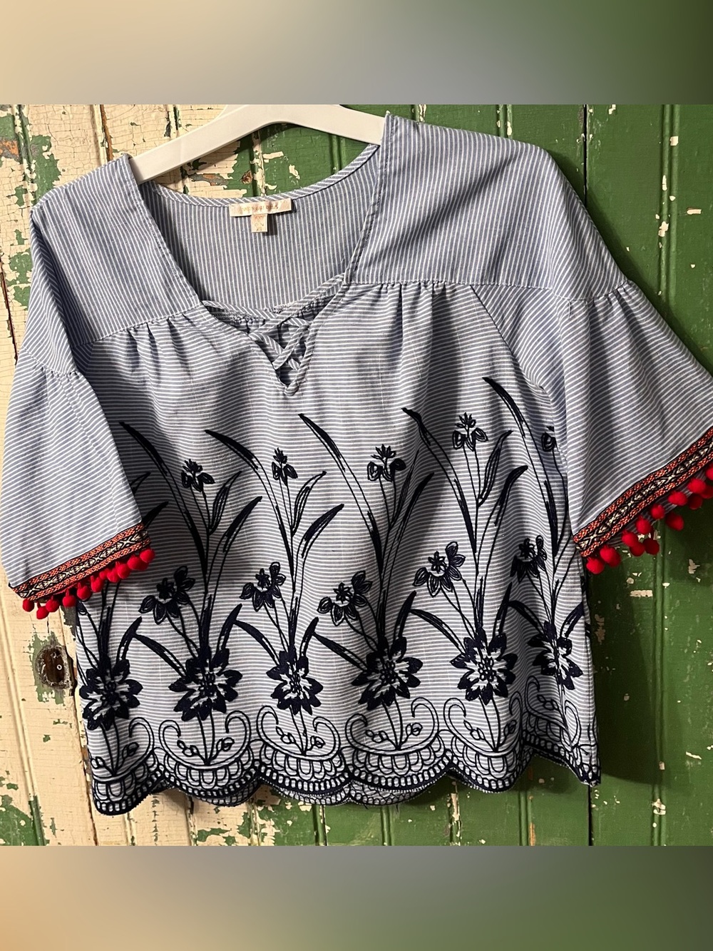 Boho Striped Floral Embroidered Peasant Top with Pom Pom Trim XS